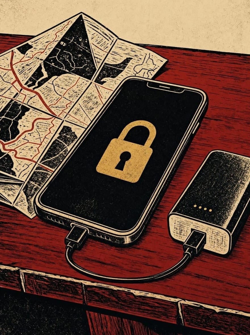 Gravura em vermelho e preto: celular com um cadeado dourado na tela, ligado a uma bateria externa, sobre um mapa dobrado numa mesa de madeira