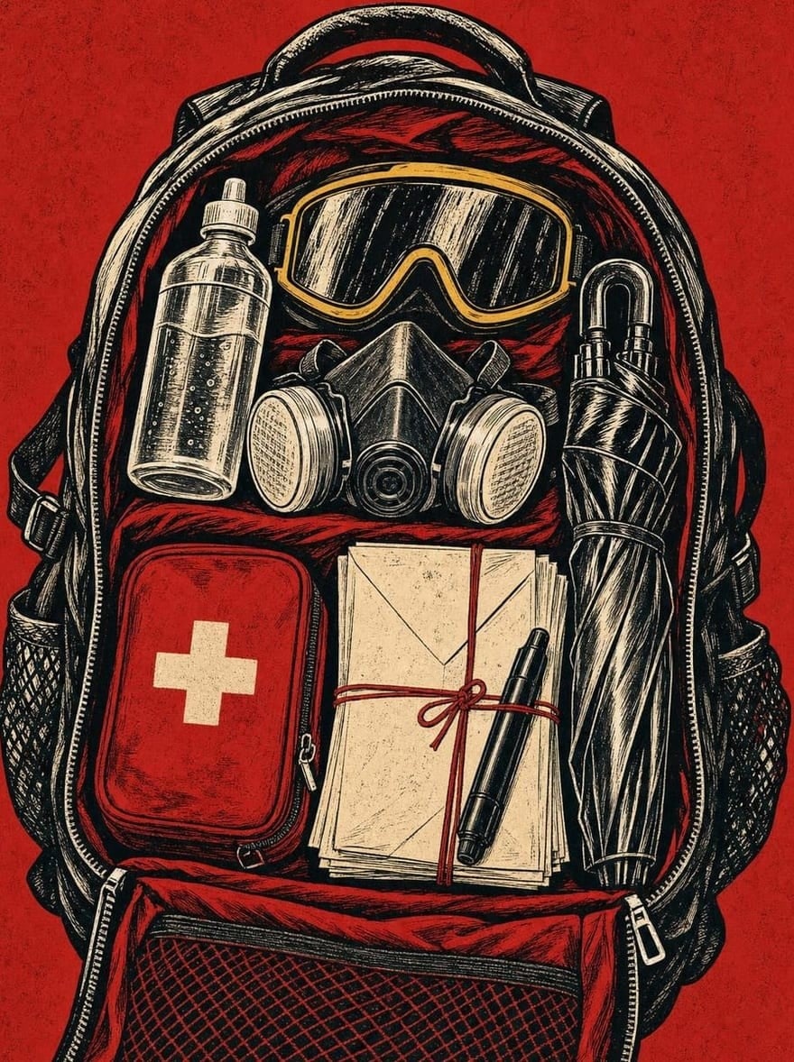 Gravura em vermelho e preto: mochila aberta com garrafa de água, óculos de proteção, máscara respiratória, guarda-chuva, estojo de primeiros socorros, envelope de documentos e caneta