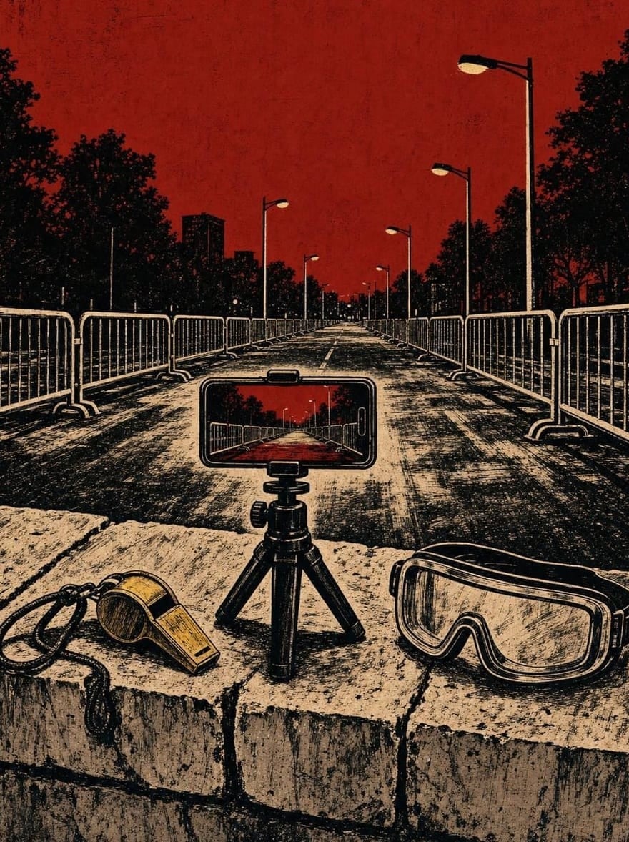 Gravura em vermelho e preto: celular num tripé sobre uma mureta, filmando uma avenida vazia cercada de grades, ao lado de um apito e de óculos de proteção