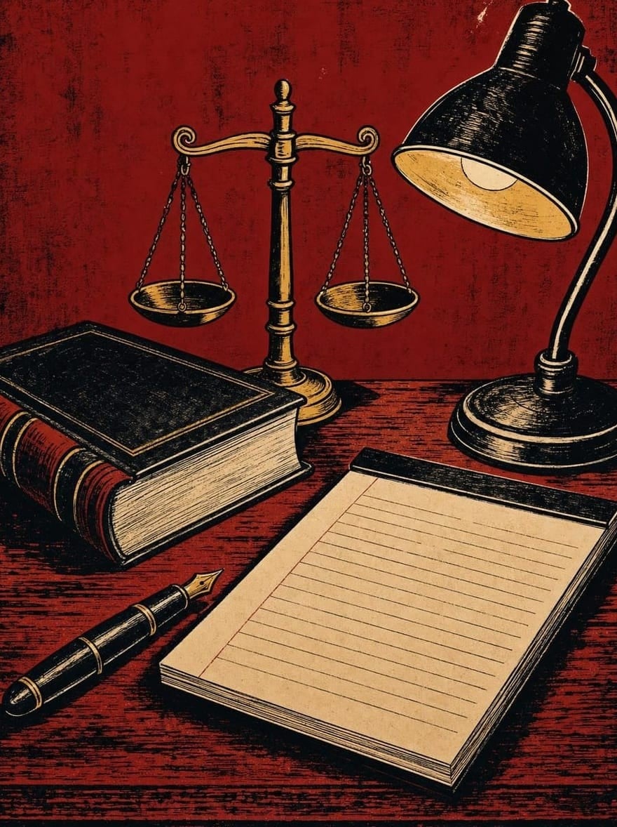 Gravura em vermelho e preto: balança da justiça, livro grosso, luminária, bloco de notas e caneta tinteiro sobre uma mesa